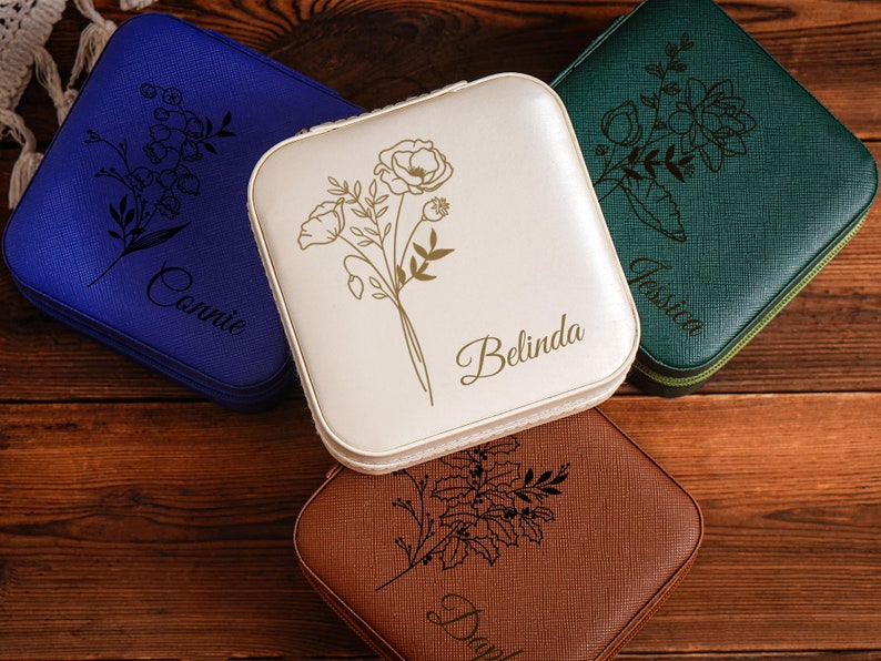 Jewelry Travel Case,Engraved Leather Jewelry Box,Birth Flower Jewelry Travel Case,Birthday Gifts for Her,Bridesmaid gift,Valentines Day Gift image 9