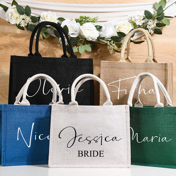 Personalized Bridesmaid Tote Gift Bags,Bridesmaid Burlap Tote Bag,Jute Beach Tote Bags,Wedding Gift Bags,Bachelorette Party Gift Bags