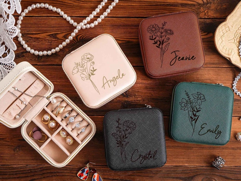Jewelry Travel Case,Engraved Leather Jewelry Box,Birth Flower Jewelry Travel Case,Birthday Gifts for Her,Bridesmaid gift,Valentines Day Gift image 1