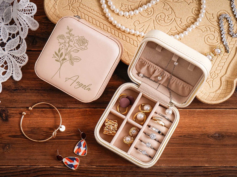 Jewelry Travel Case,Engraved Leather Jewelry Box,Birth Flower Jewelry Travel Case,Birthday Gifts for Her,Bridesmaid gift,Valentines Day Gift image 10