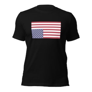 May include: A black t-shirt with a graphic of the American flag, but the stars and stripes are reversed.