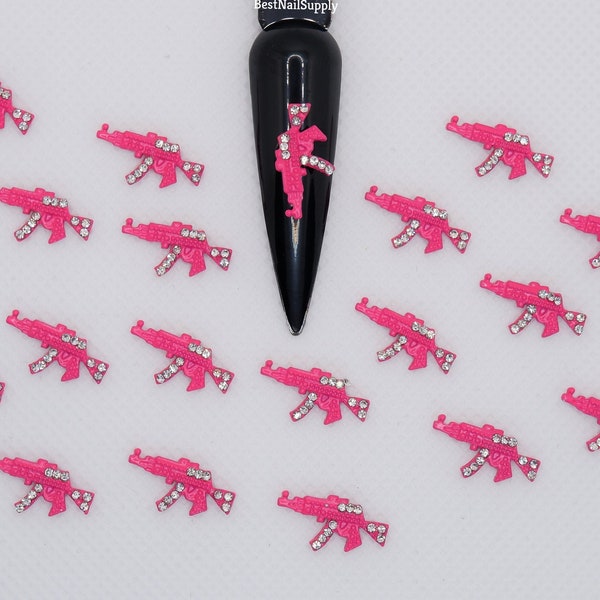 4pcs Hotpink Metal Gun Charms | Pink | CZ Rifle Charm | Zircon 3D Metal Gun | Rhinestone | Nail Charms | Nail Art | Nail Ideas