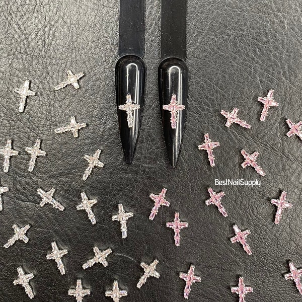 Cross Bling Nail Charms | Metal | Rhinestones | Pink or Silver | Gems CZ | 3D Metal | Crucifix