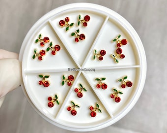 18pcs Cherry Rhinestones | Nail Charms | Red or Pink | 3D Nail Art | Organizer Wheel | Crystal | Arts and Craft | High Quality