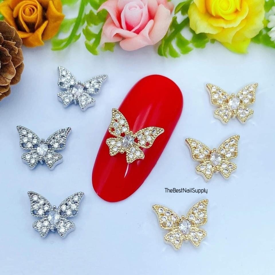 Butterfly Zircon Nail Charm 10pcs Gold/Silver Colors Butterfly CZ Dangle  Nail Charms Butterfly 3D Zircon