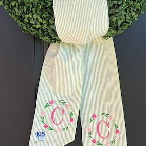 Tulip Wreath Sash, Embroidered Sash, Boxwood Wreath Sash, Monogrammed Wreathe Sash, Seersucker Wreath Sash, Housewarming Gift, Wedding Gift
