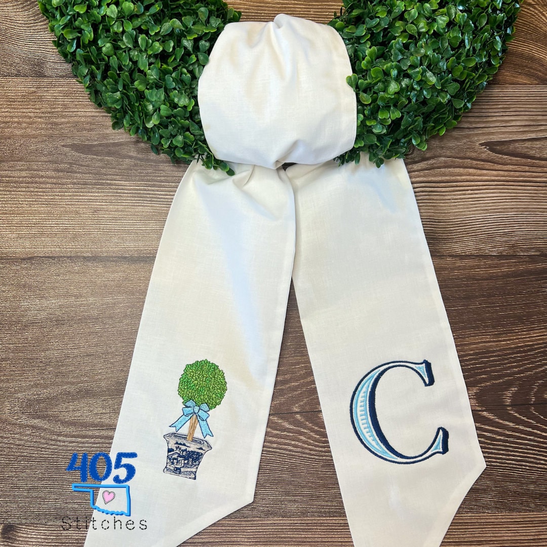 Embroidered Wreath Sash, Boxwood Wreath Sash, Monogrammed Wreathe Sash