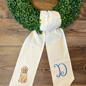 Goldendoodle Wreath Sash, Boxwood Wreath Sash, Monogrammed Wreath Sash, Embroidered Wreath Sash, Housewarming Gift, Wedding Gift