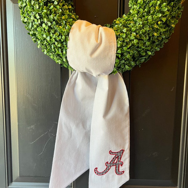 Crimson Tide Football, Embroidered Wreath Sash, Boxwood, Personalized Monogrammed, Seersucker Wreath Sash, Tuscaloosa, Houndstooth