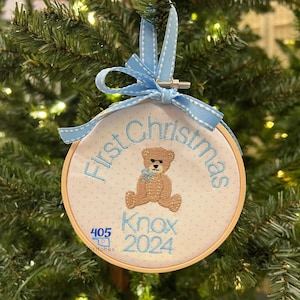 Custom Embroidered Christmas Ornament, Christmas Hoop Ornament, Baby&#39;s First Christmas, Embroidered Christmas Gift, Personalized Baby Gift