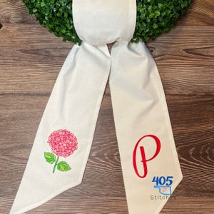Hydrangea Wreath Sash, Embroidered Wreath Sash, Boxwood Wreath Sash, Monogrammed Wreathe Sash, Housewarming Gift, Wedding Gift, Floral Sash