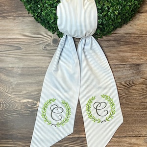 Embroidered Wreath Sash, Boxwood Wreath Sash, Monogrammed Wreathe Sash, Seersucker Wreath Sash, Housewarming Gift, Wedding Gift