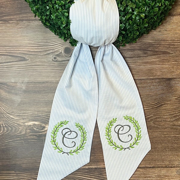 Embroidered Wreath Sash, Boxwood Wreath Sash, Monogrammed Wreathe Sash, Seersucker Wreath Sash, Housewarming Gift, Wedding Gift