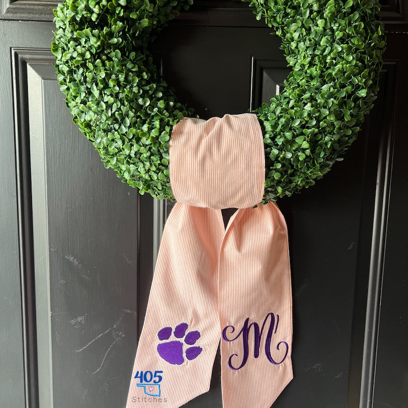 Clemson Tiger Sports, Embroidered Wreath Sash, Boxwood, Personalized Monogrammed, Seersucker Wreath Sash, Tiger Football