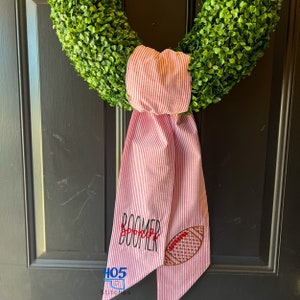 Boomer Sooner Football, Embroidered Wreath Sash, Boxwood, Personalized Monogrammed, Seersucker Wreath Sash