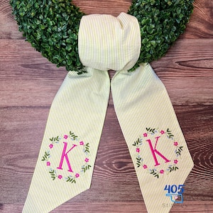 Embroidered Wreath Sash, Boxwood Wreath Sash, Monogrammed Wreathe Sash, Seersucker Wreath Sash, Housewarming Gift, Wedding Gift