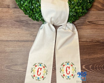 Summer Floral Wreath Sash, Embroidered Wreath Sash, Boxwood Wreath Sash, Monogrammed Wreathe Sash, Housewarming Gift, Floral Sash