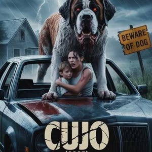 May include: Movie poster for "Cujo (2025)" featuring a large Saint Bernard dog with glowing red eyes standing over a car. A woman and child are inside the car, looking frightened. The sign reads "Beware of Dog."