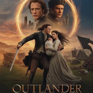 Può includere: Poster promozionale per "Outlander: The Final Season (2025)". L'immagine mostra tre personaggi principali in un'ambientazione storica. Un uomo tiene una spada, mentre un altro uomo e una donna si abbracciano, tenendo in braccio un bambino. Lo sfondo include un anello luminoso e testo.
