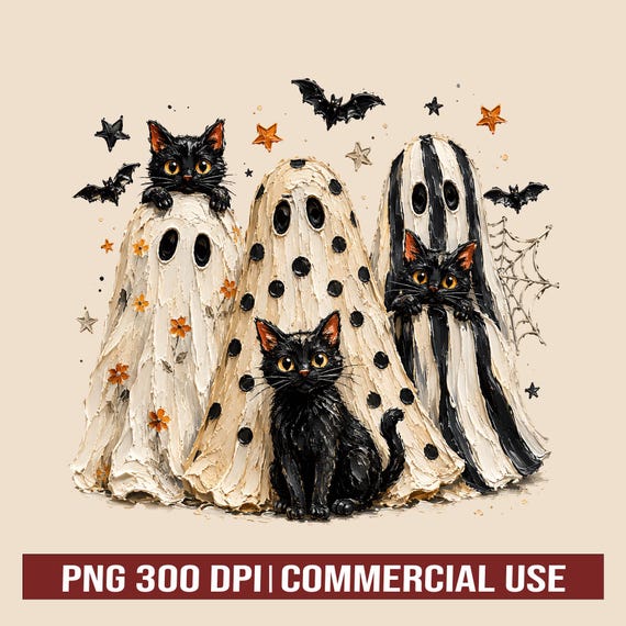 Ghost Cat PNG, Cute Halloween Cat PNG, Black Cat Ghost Sublimation Design, Spooky Season Digital Download, 300 DPI Commercial Use