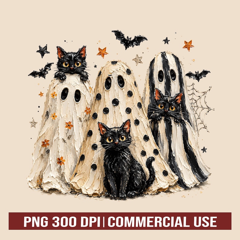 May include: An illustration featuring three black cats and three ghost figures. One cat sits in front, while two peek from under ghost sheets. The ghosts have polka dot and striped patterns. Bats, stars, and a spider web surround the figures.
