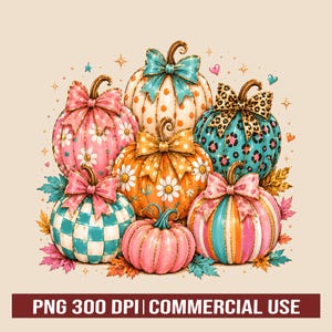 Coquette Pumpkin PNG, Pink Teal Fall Pumpkin Sublimation, Bow Pumpkin Clipart, Cute Autumn PNG, 300 DPI Commercial Use