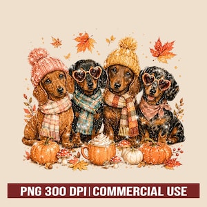 Cute Dachshund Fall PNG Bundle, Autumn Wiener Dog Sublimation PNG, Cozy Sausage Dog Clipart, Pumpkin Dog PNG Commercial Use