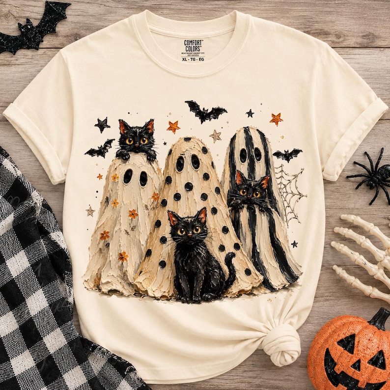 May include: A cream-colored short-sleeve t-shirt featuring a graphic print of three black cats wearing ghost costumes. The design includes small orange flowers, black polka dots, black stripes, bats, stars, and a spider web. The shirt has a Comfort Colors label.
