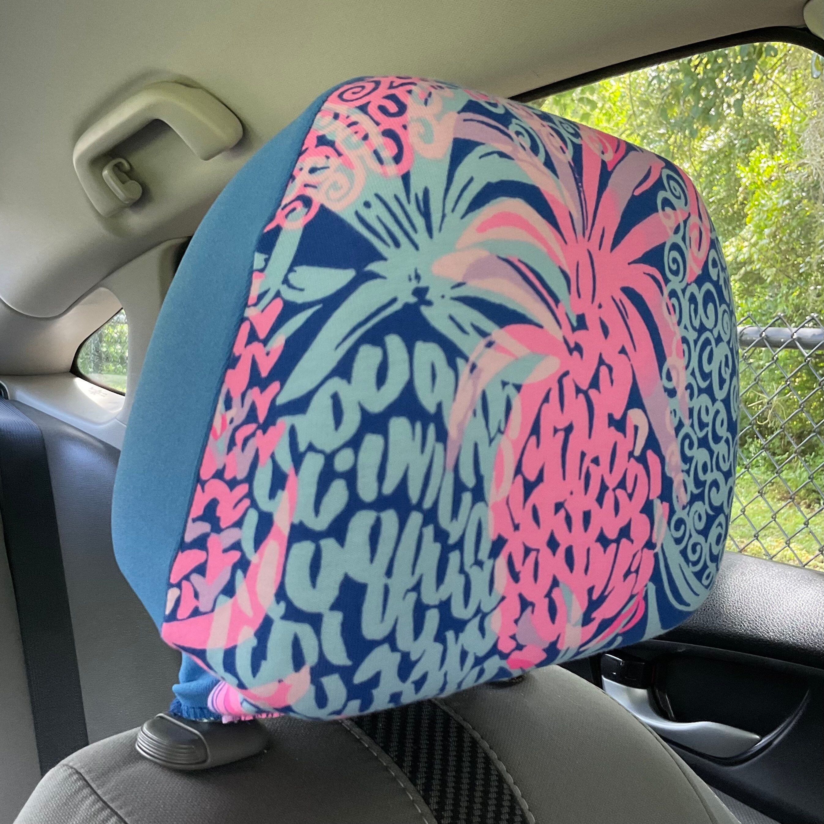 Steering Wheel Head Rest Seat Belt Covers in a beautiful colorful tropical LP print pink blue pineapple Lilly T15 - Thumbnail 6