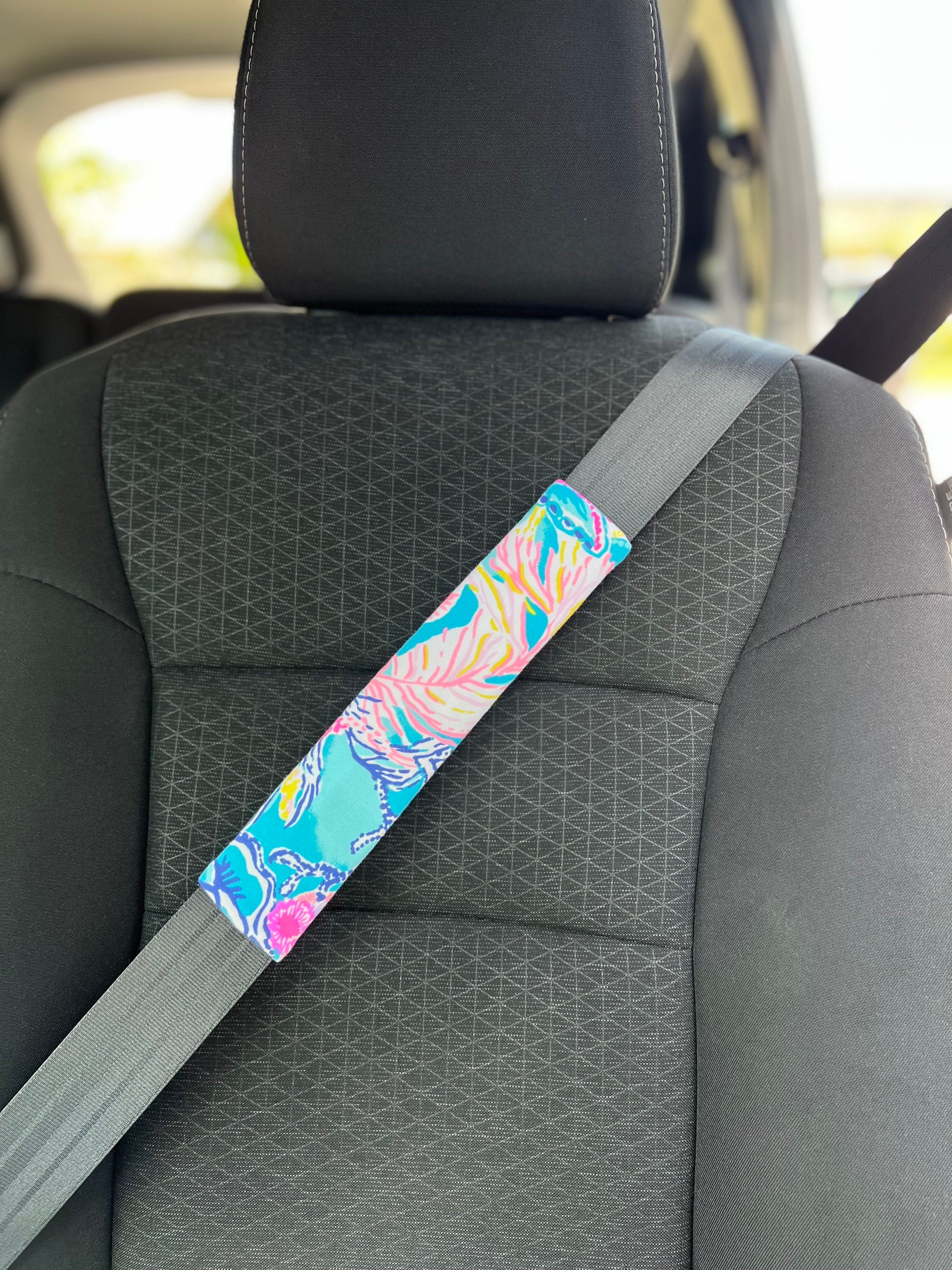 Steering Wheel Head Rest Seat Belt Covers in a beautiful colorful tropical nautical LP print aqua, pink, yellow Lilly T4 - Thumbnail 5