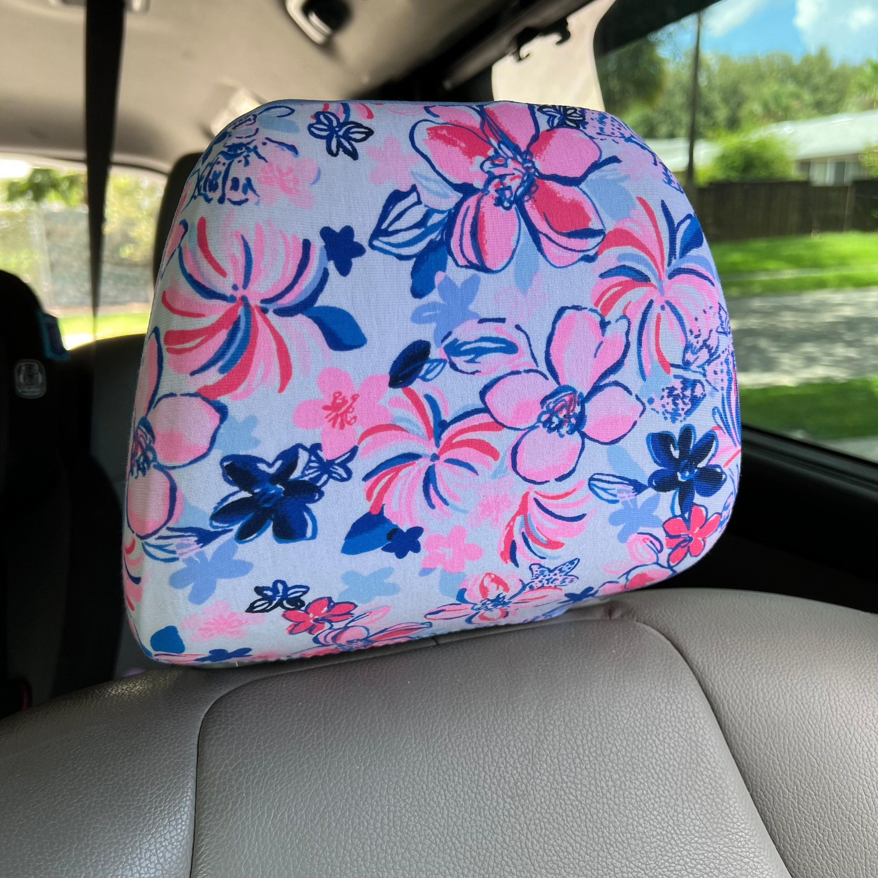 Steering Wheel Head Rest Seat Belt Covers in a beautiful colorful tropical nautical LP print white, pink, blue lobster flowers Lilly T14 - Thumbnail 4
