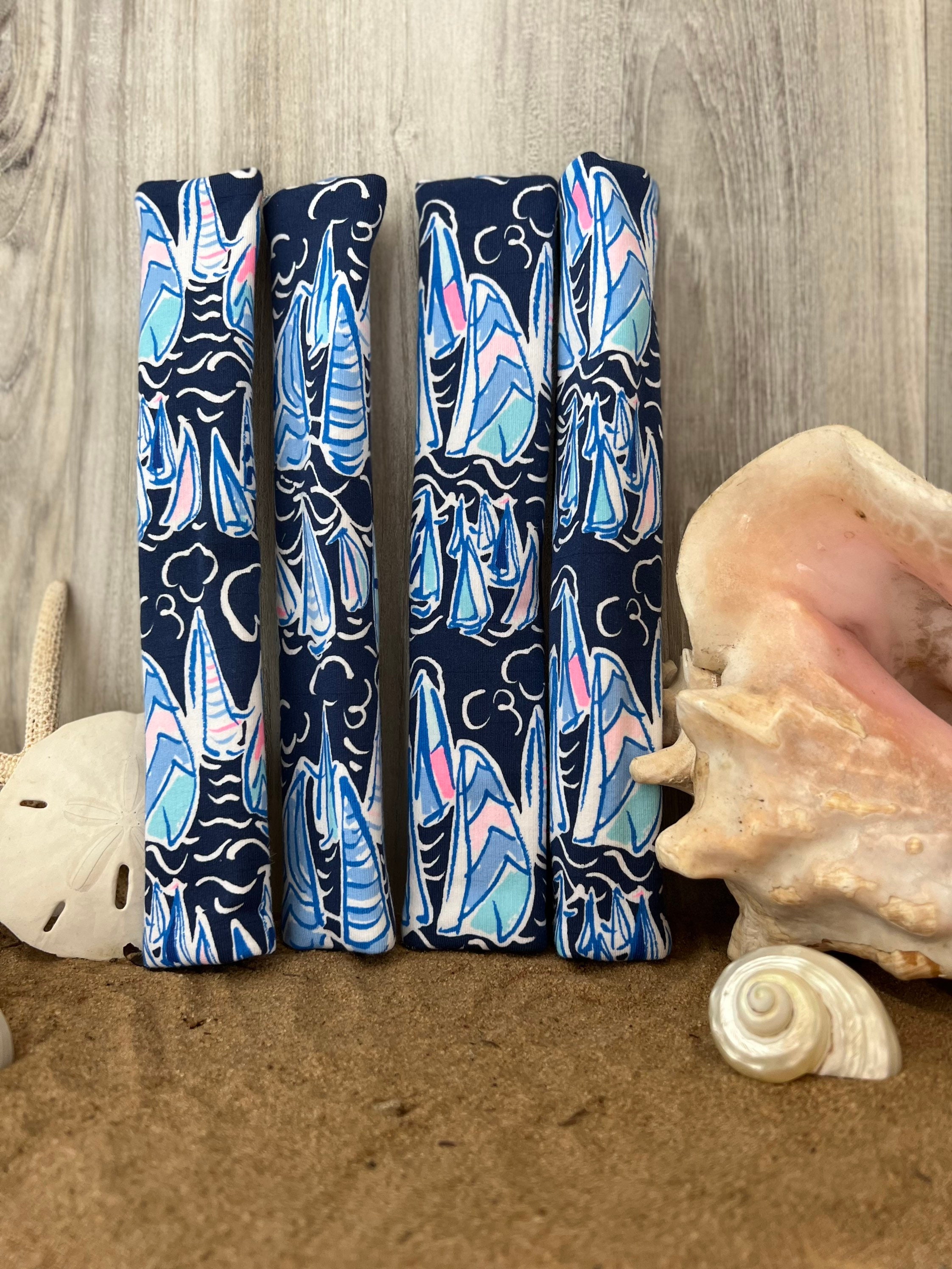 Steering Wheel Head Rest Seat Belt Covers in a beautiful colorful tropical LP print blue navy white pink T-3 - Thumbnail 3