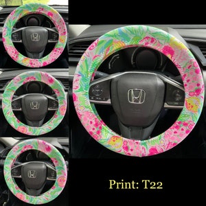 Steering Wheel Head Rest Seat Belt Covers in a beautiful colorful tropical LP print pears pineapples pink yellow green Lilly T22