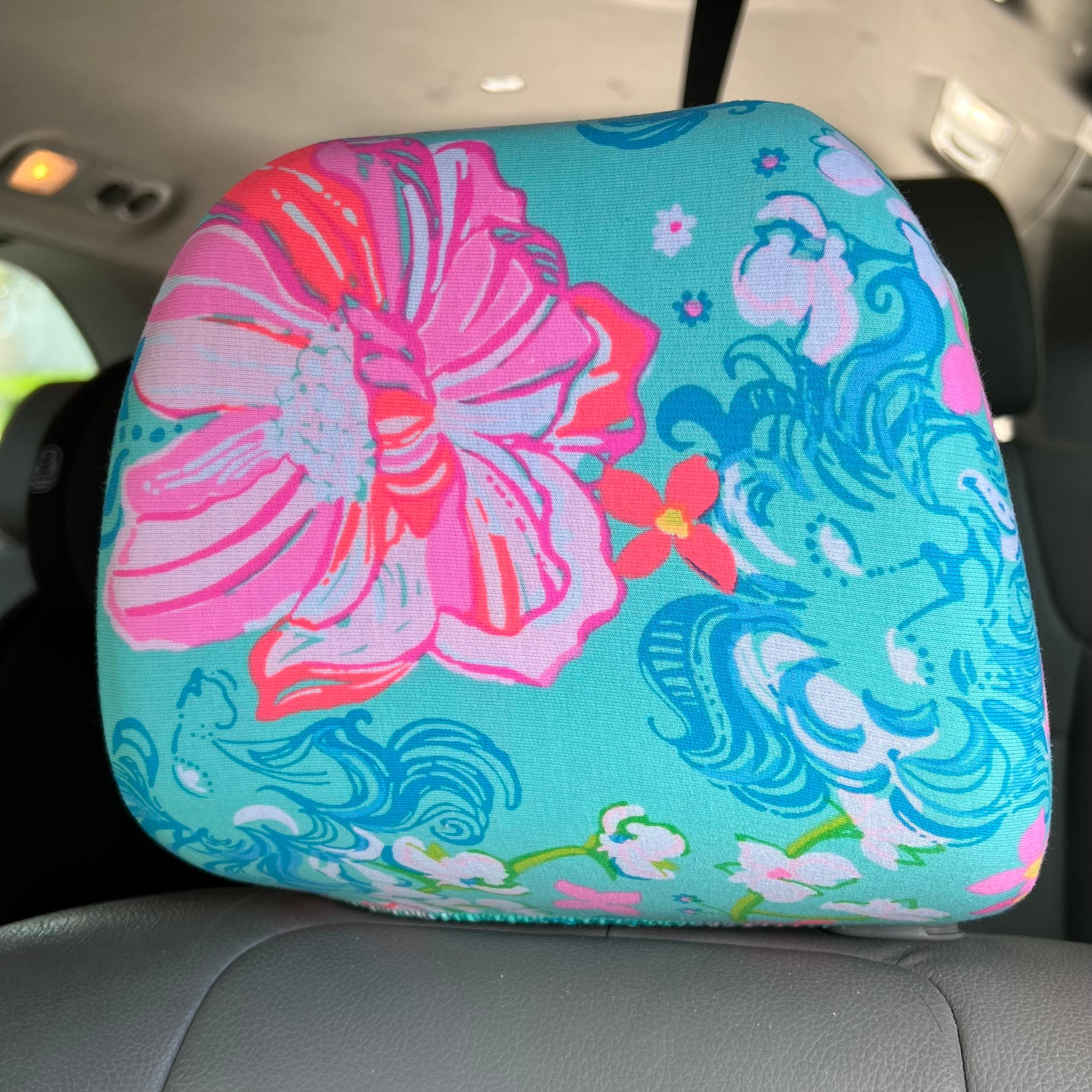 Seat Belt Head Rest Steering Wheel Covers soft pretty bright colors Lilly tropical prints LP flowers lions teal sea foam  white Print T-10 - Thumbnail 6