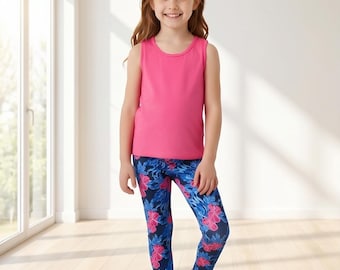 Leggings para niñas, suaves y elásticos, estampado floral azul marino y rosa, especiales y únicos, hechos en Estados Unidos.