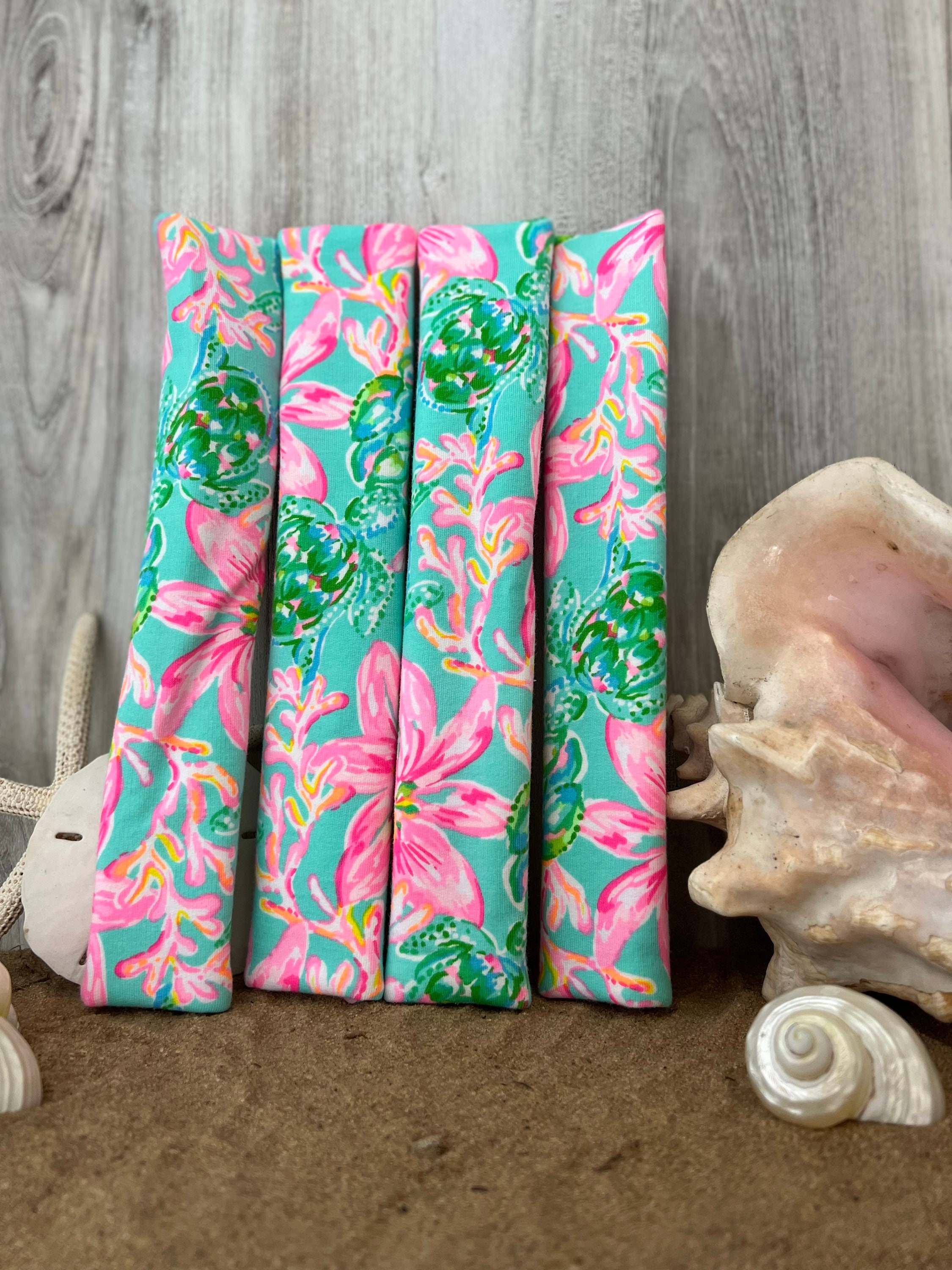 Seat Belt Head Rest Steering Wheel Covers soft bright colors Lilly tropical prints LP flowers turtles teal sea foam pink yellow Print T-6 - Thumbnail 3