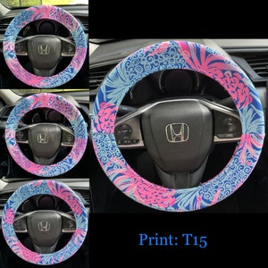 Steering Wheel Head Rest Seat Belt Covers in a beautiful colorful tropical LP print pink blue pineapple Lilly T15