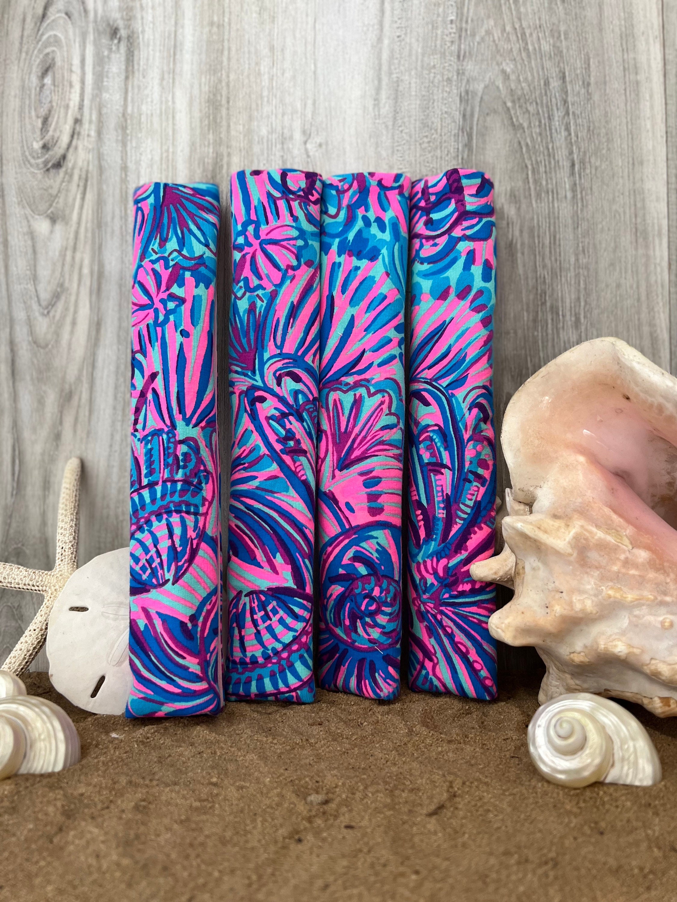 Seat Belt Head Rest Steering Wheel Covers soft pretty bright colors Lilly tropical prints LP  beach shells pink purple aqua Print T-21 - Thumbnail 3