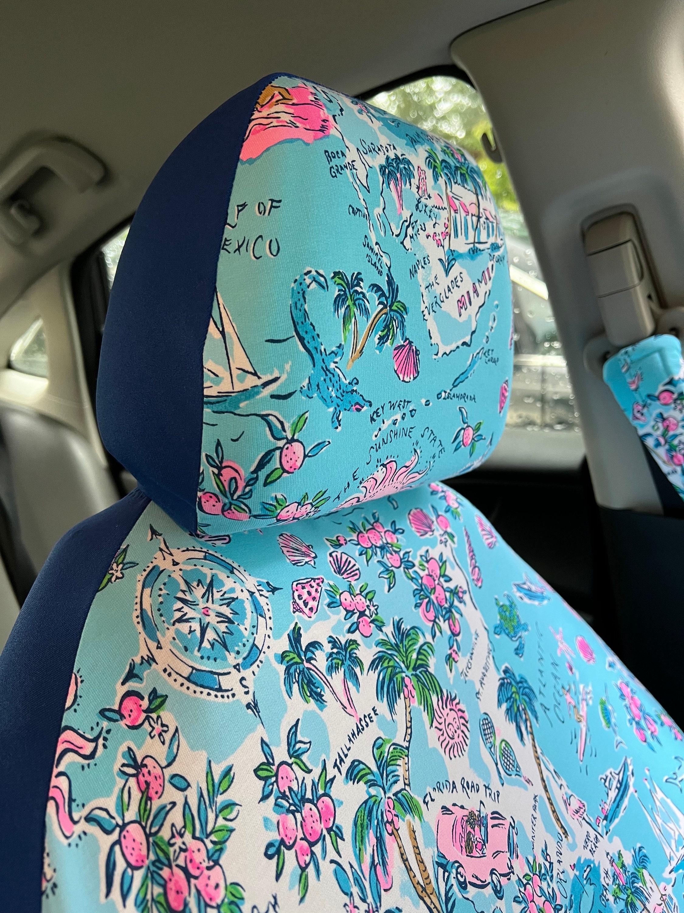 Seat Belt Head Rest Steering Wheel Covers soft Lilly tropical prints LP flowers turtle sail boat alligator Florida print - Thumbnail 6