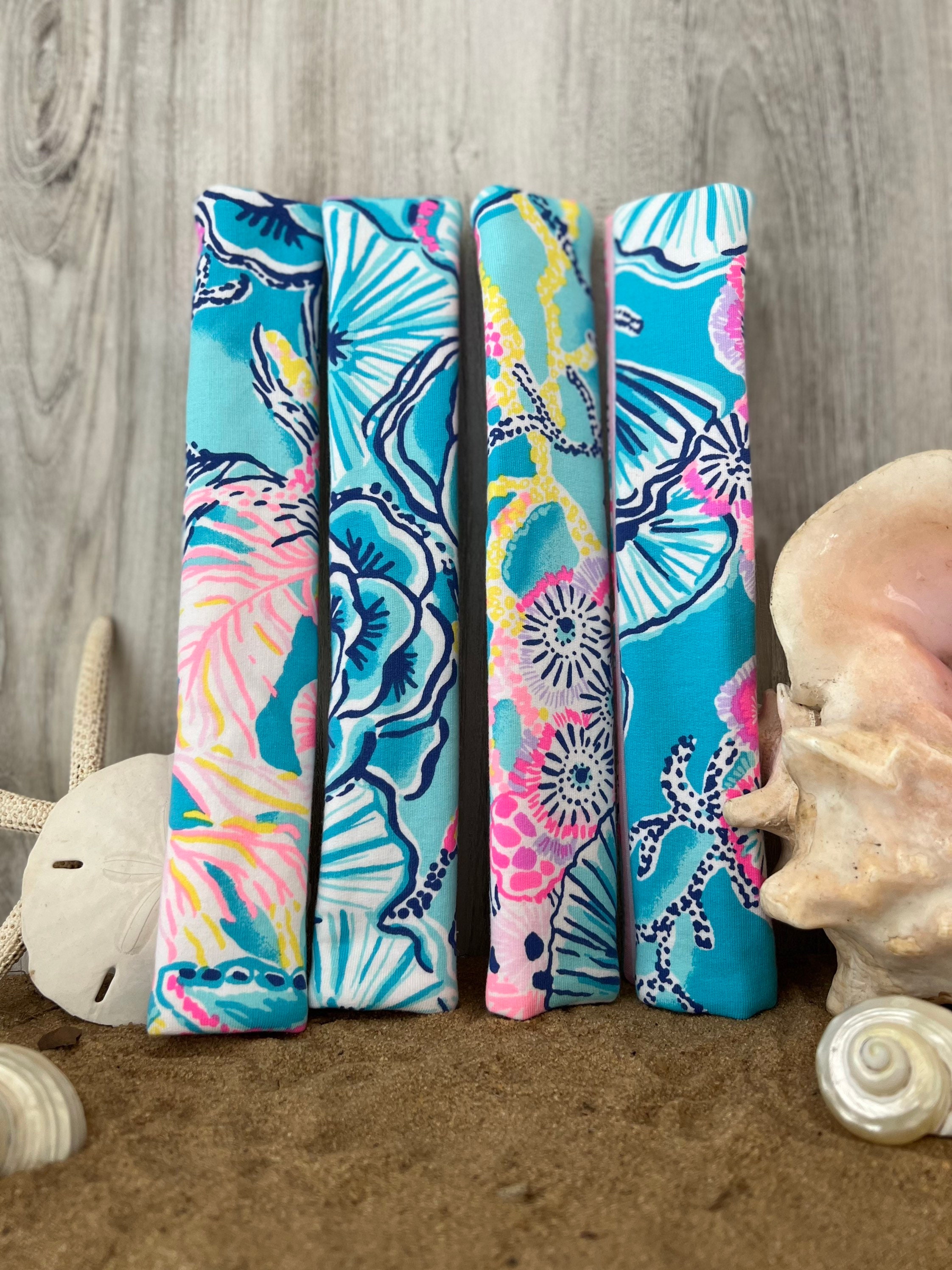 Steering Wheel Head Rest Seat Belt Covers in a beautiful colorful tropical nautical LP print aqua, pink, yellow Lilly T4 - Thumbnail 3