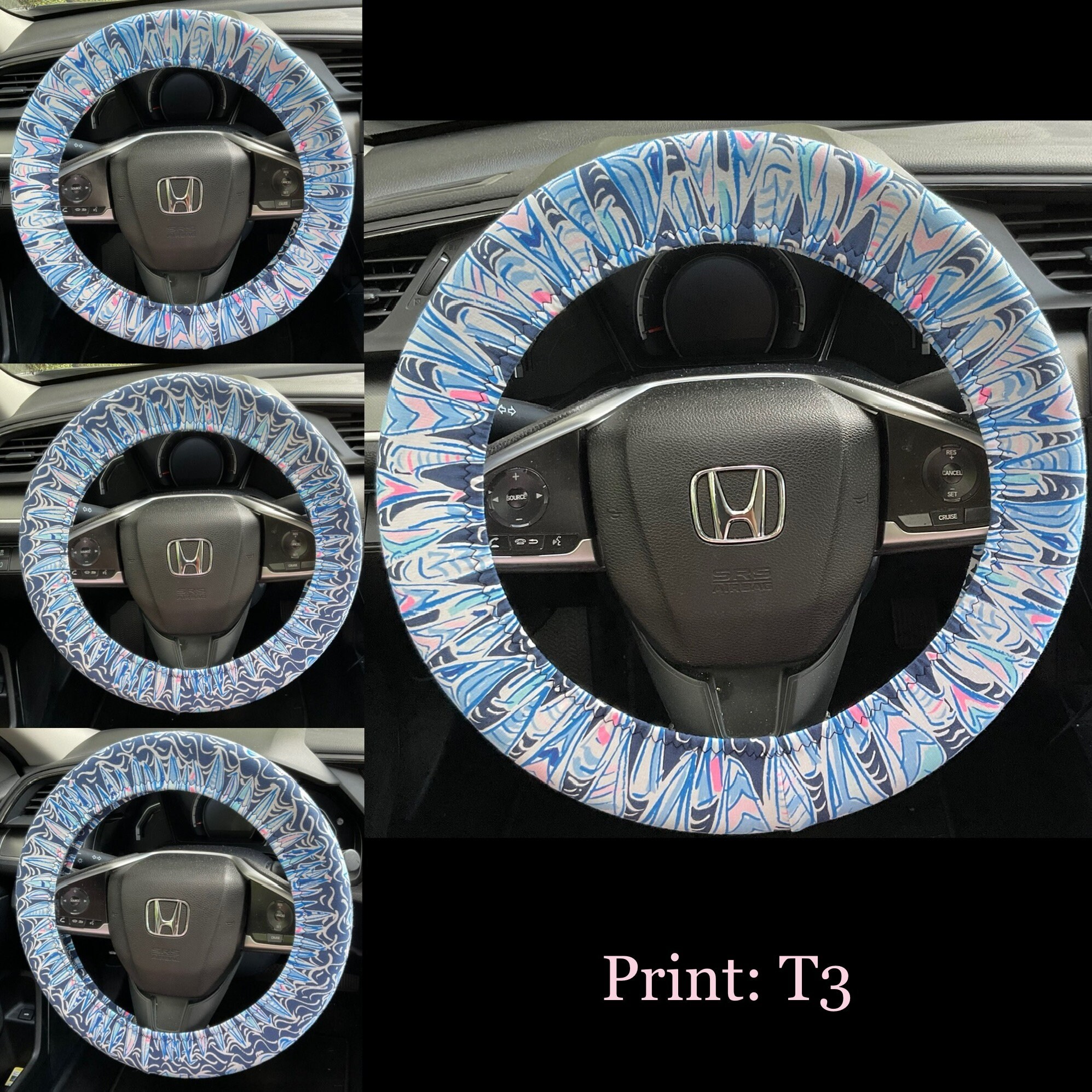 Steering Wheel Head Rest Seat Belt Covers in a beautiful colorful tropical LP print blue navy white pink T-3