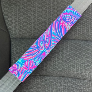 Seat Belt Head Rest Steering Wheel Covers soft pretty bright colors Lilly tropical prints LP  beach shells pink purple aqua Print T-21