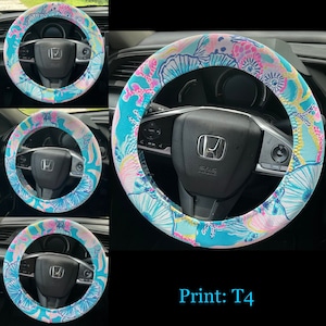 Steering Wheel Head Rest Seat Belt Covers in a beautiful colorful tropical nautical LP print aqua, pink, yellow Lilly T4