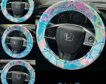 Steering Wheel Head Rest Seat Belt Covers in a beautiful colorful tropical nautical LP print aqua, pink, yellow Lilly T4