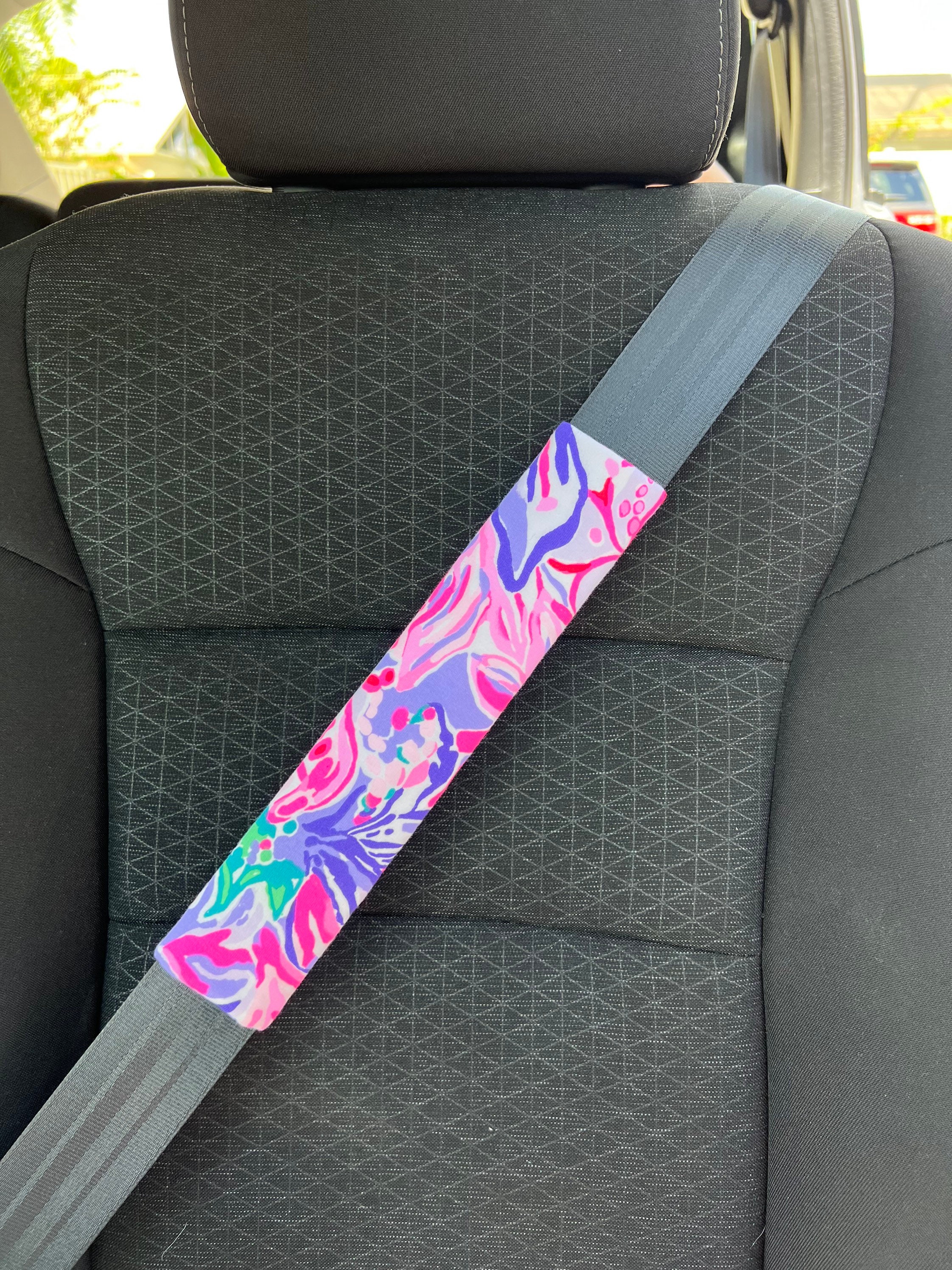 Steering Wheel Seat Belt Head Rest Covers in a beautiful colorful tropical flowers LP print pink purple soft Lilly T18 - Thumbnail 5