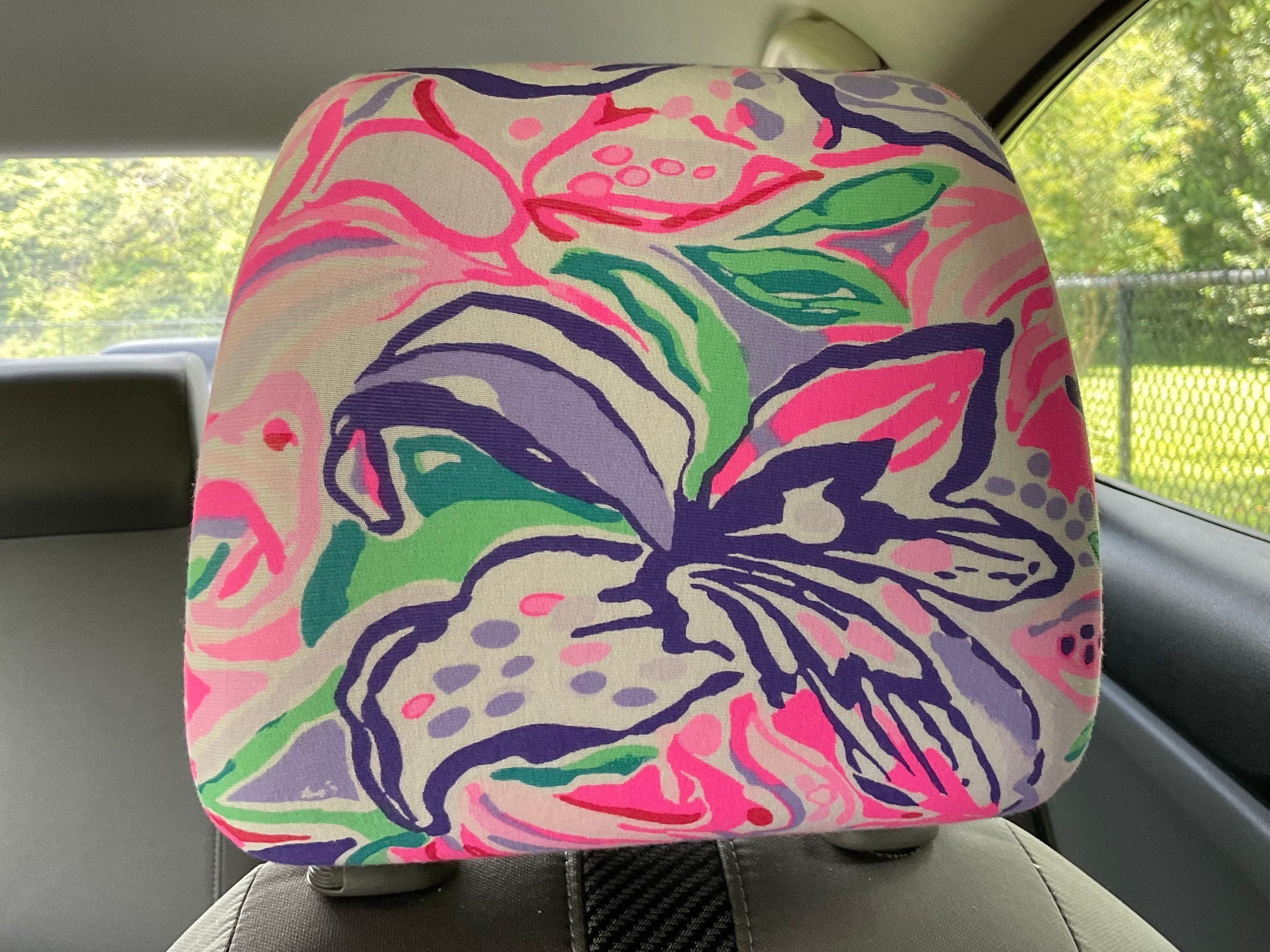 Steering Wheel Seat Belt Head Rest Covers in a beautiful colorful tropical flowers LP print pink purple soft Lilly T18 - Thumbnail 6