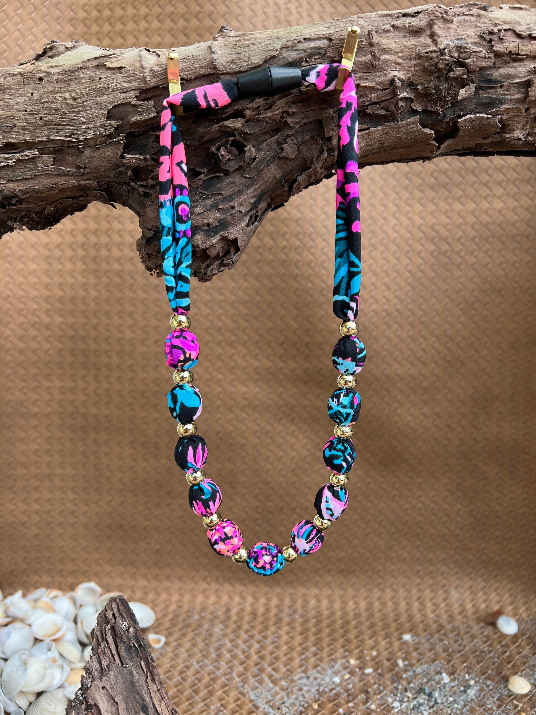 Tropical Silk Necklace Bracelet Earrings made from Beautiful Lilly Print Fabric Pearls Beads Gold Silver Cross Shell Jewelry Unique S16 - Thumbnail 6