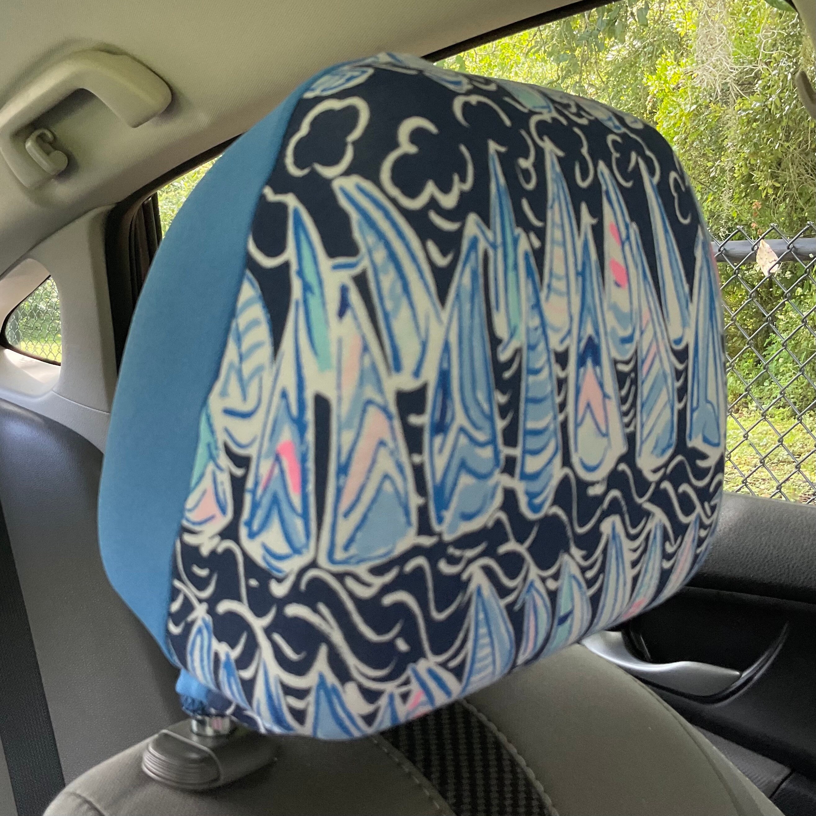 Steering Wheel Head Rest Seat Belt Covers in a beautiful colorful tropical LP print blue navy white pink T-3 - Thumbnail 6