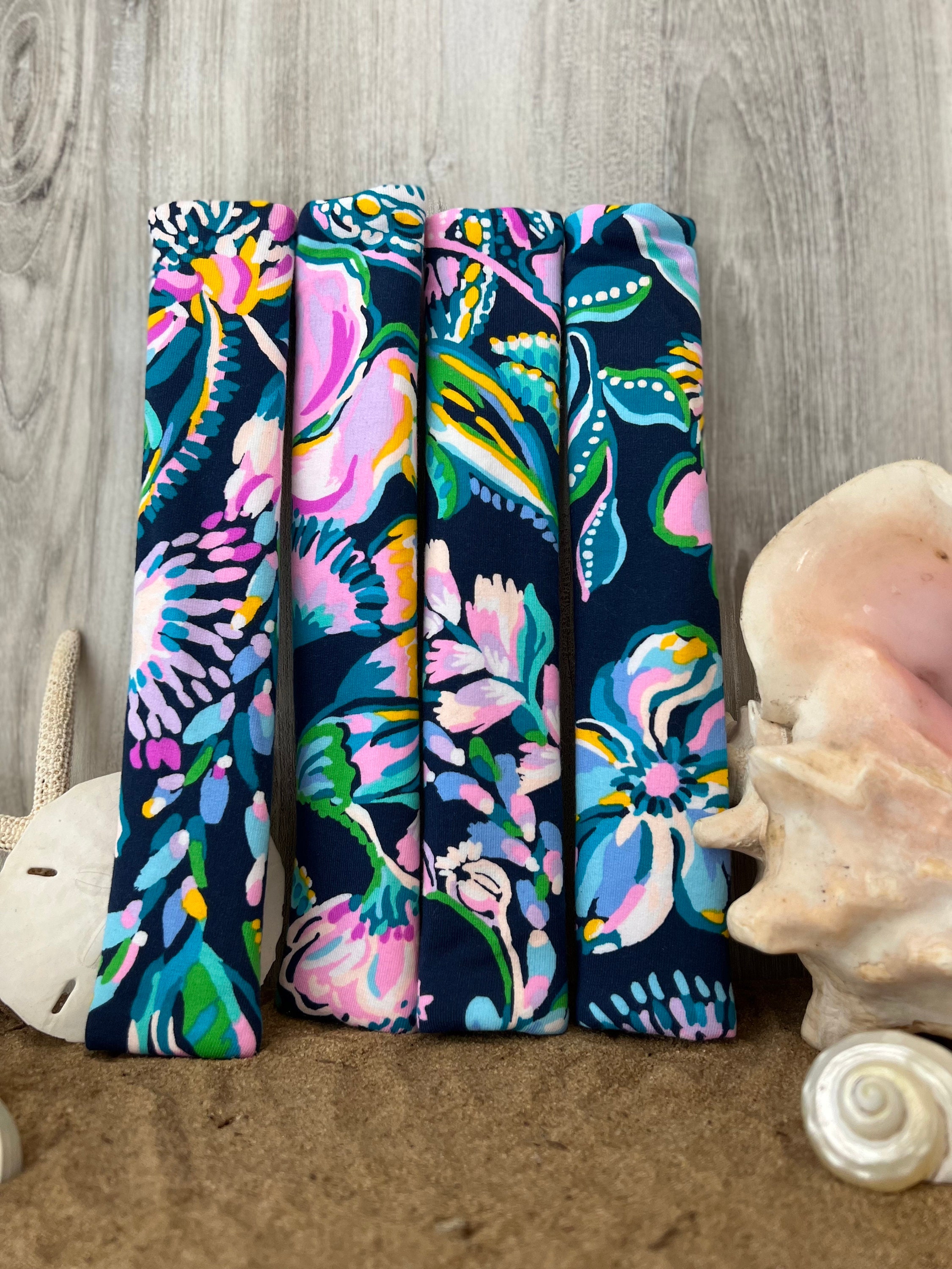 Seat Belt Head Rest Steering Wheel Covers soft pretty colors Lilly tropical prints LP floral flowers navy lavender lilac white pink T-5 - Thumbnail 3