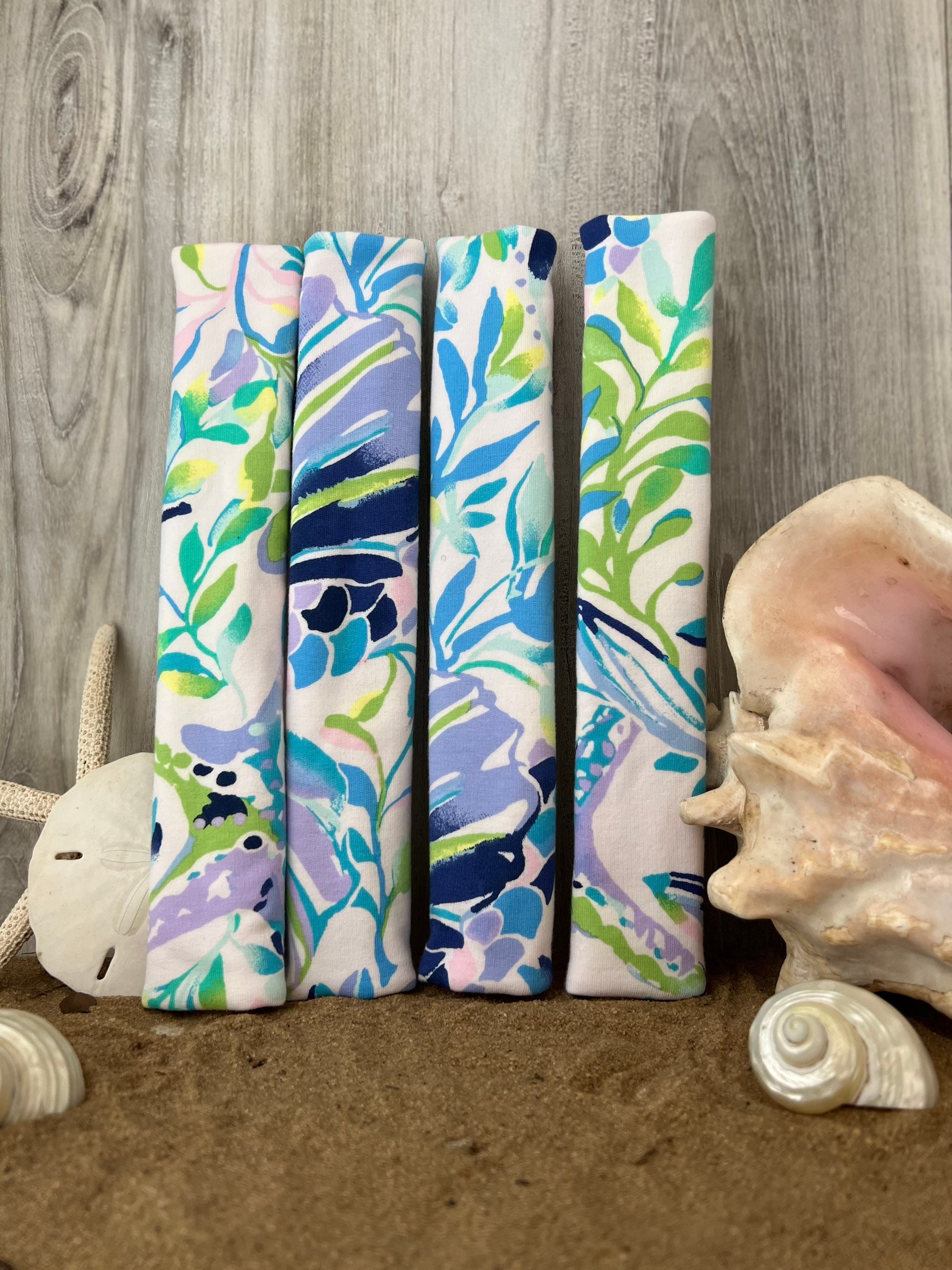 Steering Wheel Head Rest Seat Belt Covers in a colorful tropical nautical starfish beachy LP print Lilly white lime aqua lavender T2 - Thumbnail 5